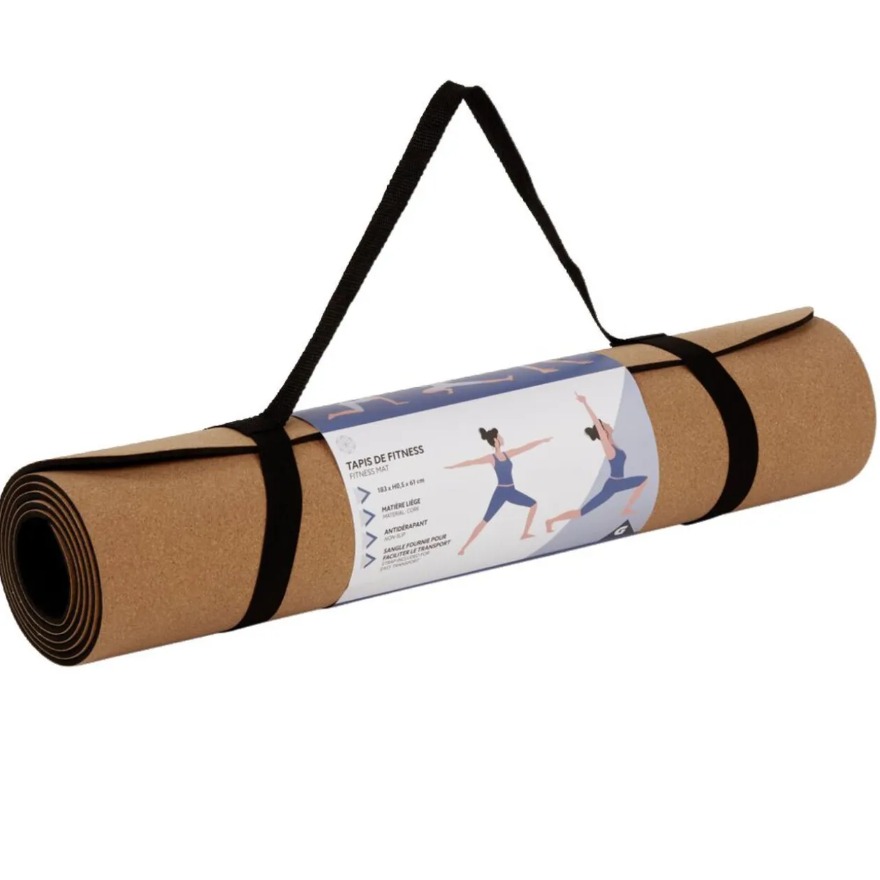 Tapis de fitness yoga en liège antidérapant 183x61xép0,5cm