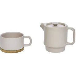 Tisanière 40cl et tasse 25cl grès taupe avec support bambou