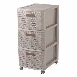 Tour de rangement à roulettes 3 tiroirs design rotin marron