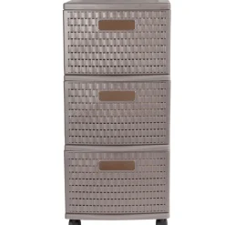 Tour de rangement à roulettes 3 tiroirs design rotin marron