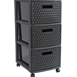 Tour de rangement à roulettes 3 tiroirs design rotin noir