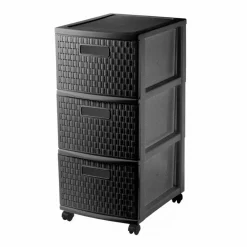 Tour de rangement à roulettes 3 tiroirs design rotin noir