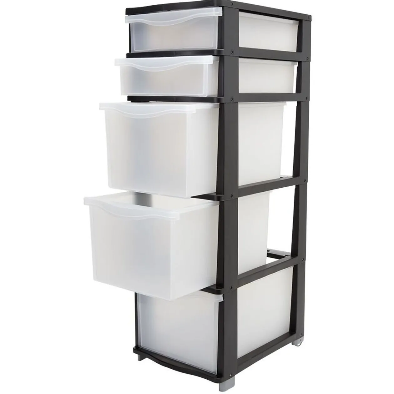 Tour de rangement 5 tiroirs blanc transparent et noir