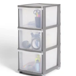 Tour de rangement 3 tiroirs plastique gris 37x27xH63cm