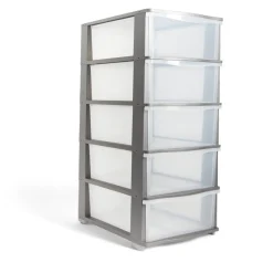 Tour de rangement 5 tiroirs plastique gris 37x27xH103cm