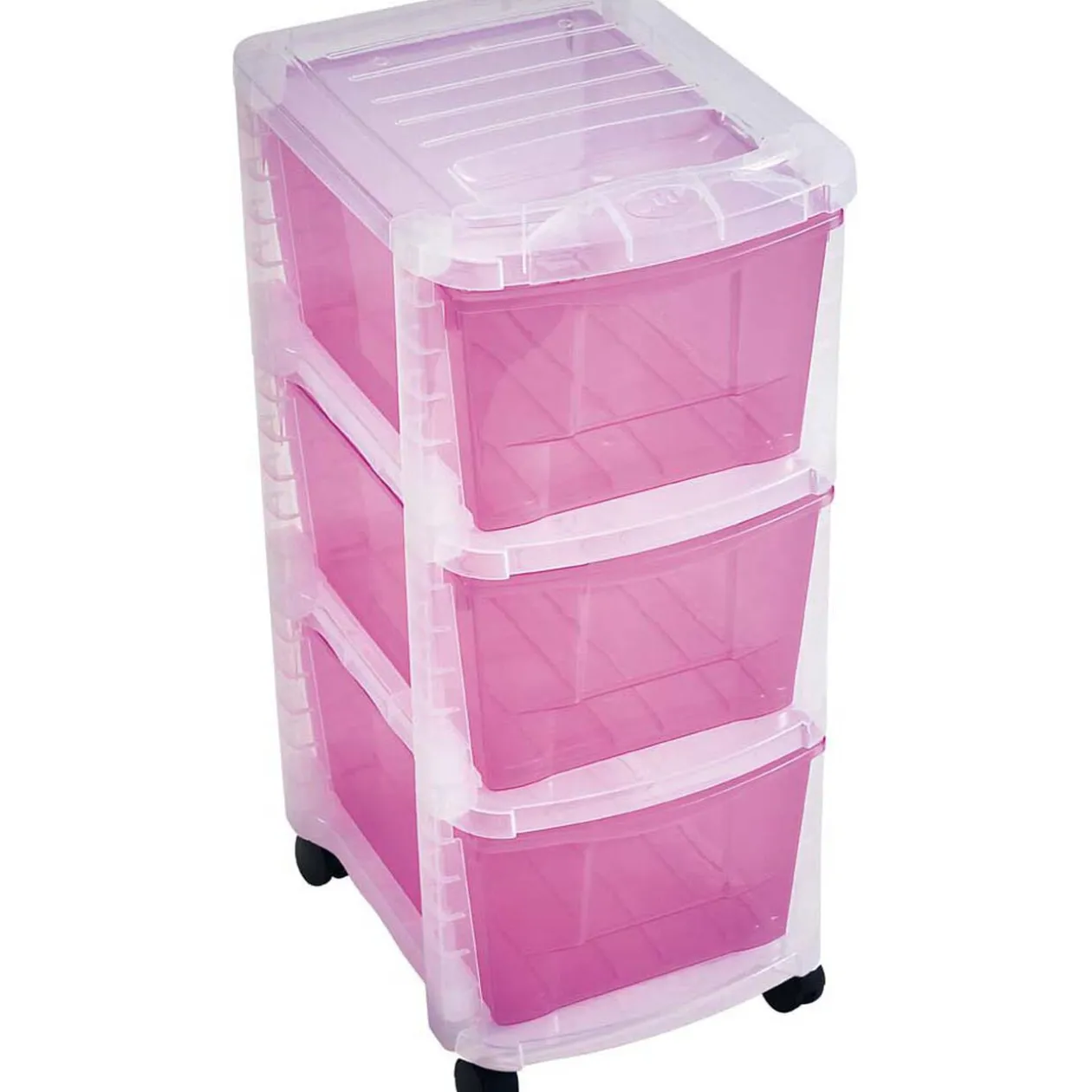 Tour de rangement sur roulettes 3 tiroirs blanc transparent et rose