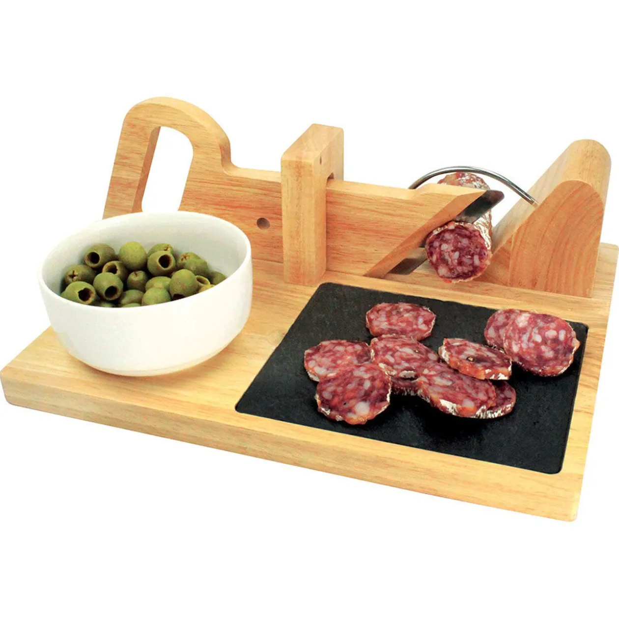 Trancheuse à saucisson manuelle bambou plateau ardoise