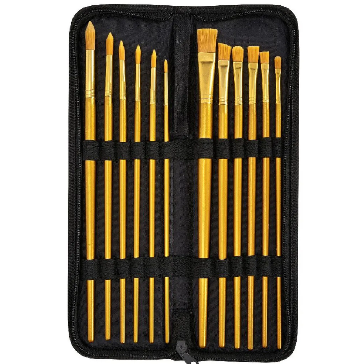 Trousse avec pinceau doré en bois x12