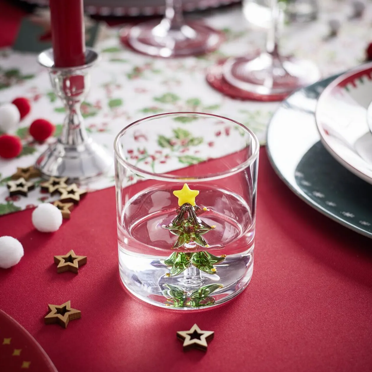 Verre Noël transparent avec centre sapin 3D Ø8xH8,5cm