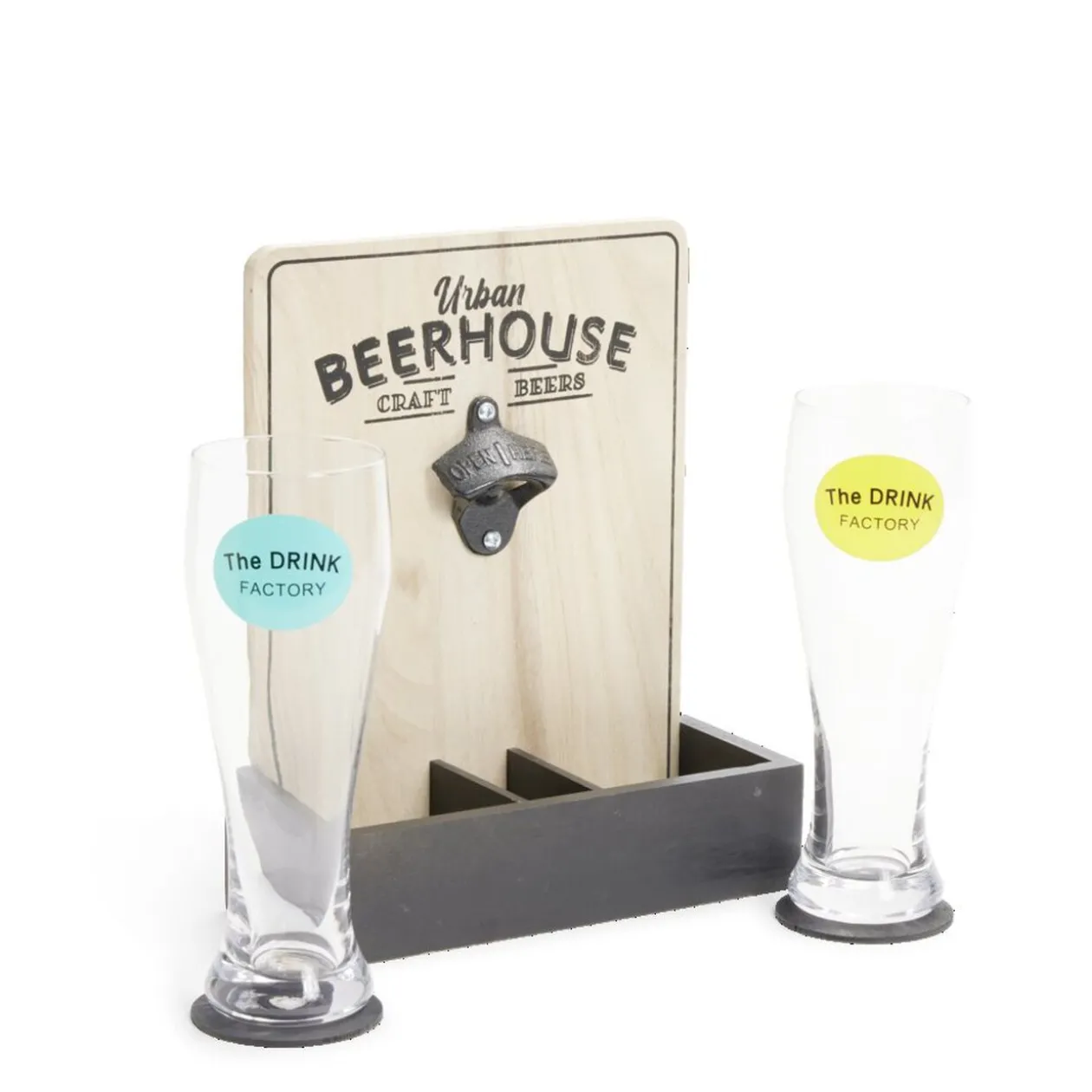 Verres à bière 50cl x2 avec support décapsuleur et 2 sous verres