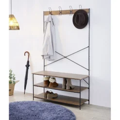 Vestiaire d'entrée range chaussures et porte manteaux métal et bois