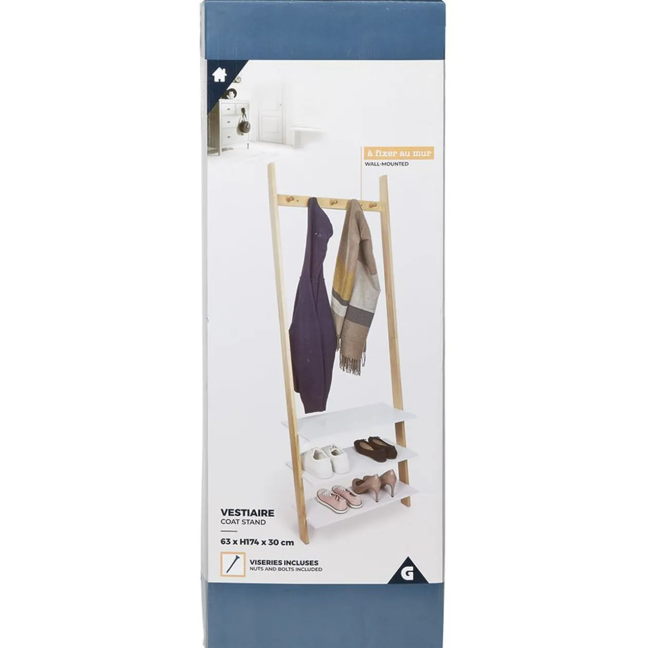 Vestiaire en bois à fixer au mur 3 étagères naturel et blanc